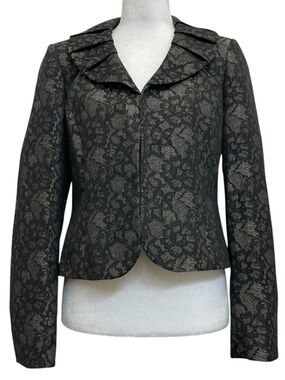 Le Suit Vintage Green & Black Lace Print Pleated Collar Open Front Blazer